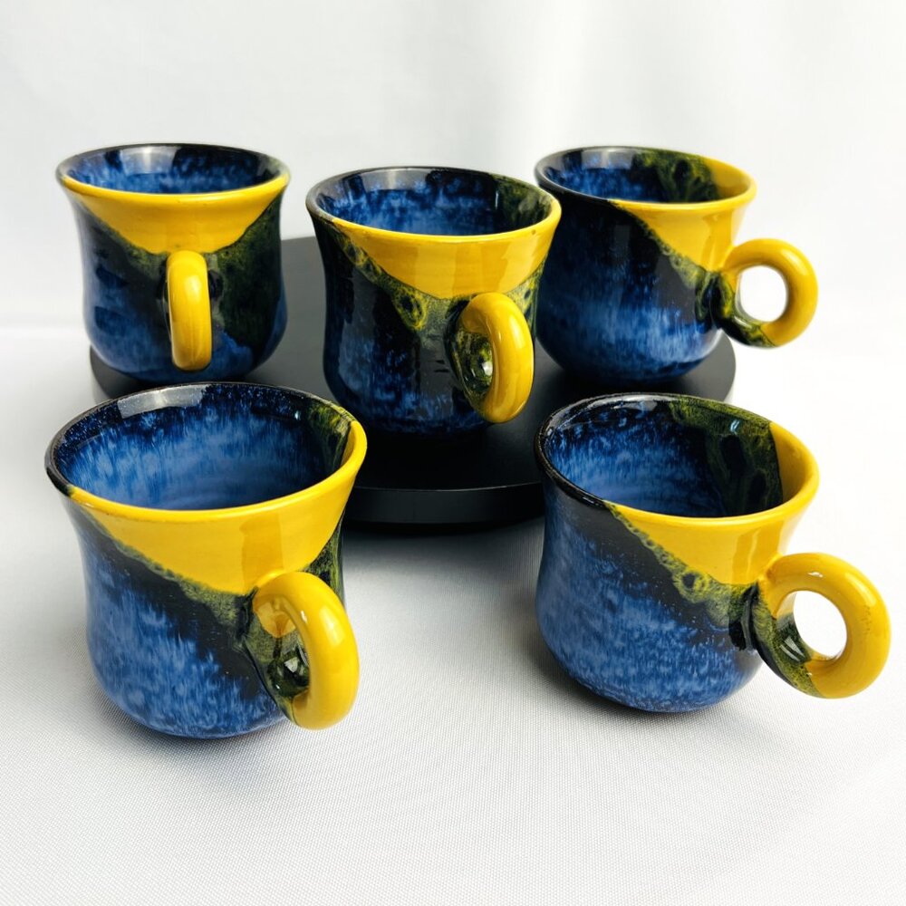 Studio Art Handcrafted Demitasse Cups Red Clay Pottery Blue Yellow Glaze 5 pcs.